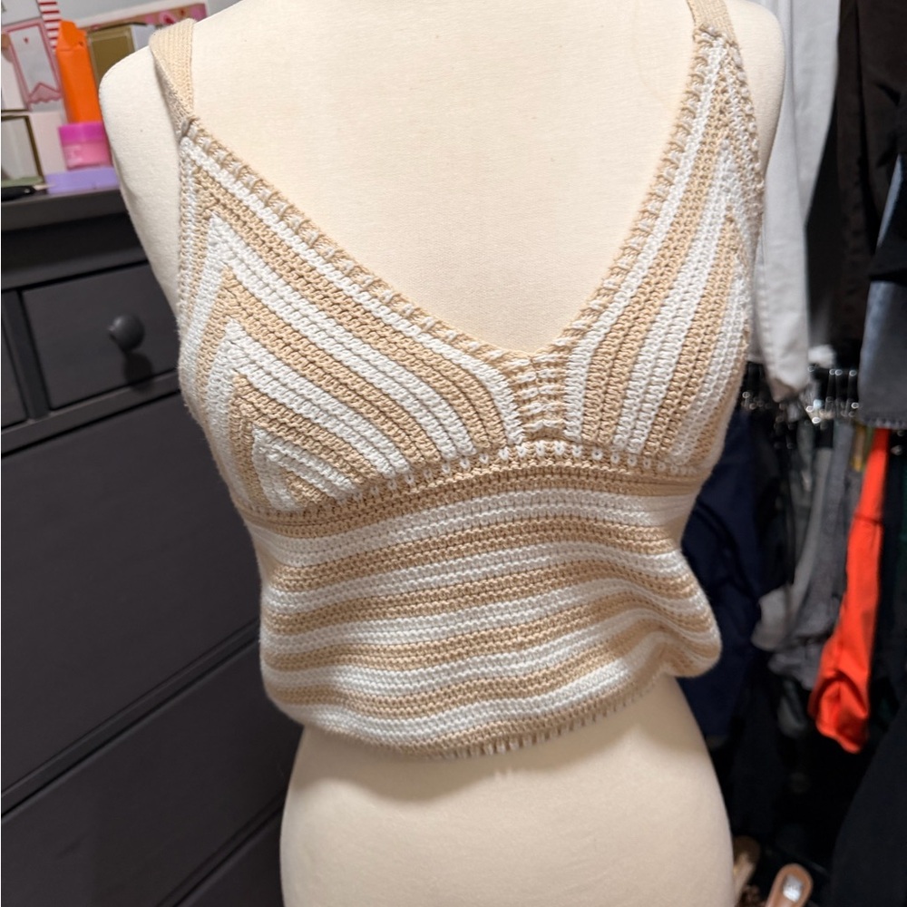 Striped Knit Cropped Tank Top in Beige & White